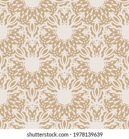 Beige seamless pattern with decorative ornaments. Good for menus, postcards, wallpaper and fabric. Vector illustration.