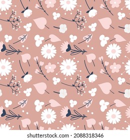 Beige Seamless con flores diferentes. Ilustración vectorial en un estilo sencillo dibujado a mano, plantilla para tela, textil, papel de envoltura u otro