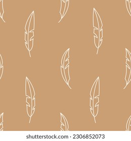 Beige seamless pattern with feathers. Neutral brown endless background with hand drawn white feather outline. Trendy boho style repeat vector illustration