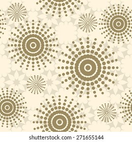 Beige seamless pattern with flowers, circles and dots. Seamless floral pattern