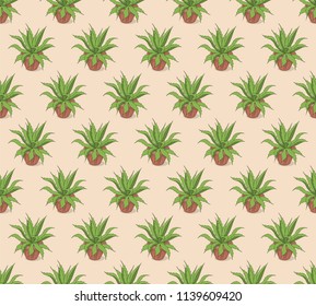 Beige seamless pattern with hand drawn agave in the pot for wallpaper, packing gift, present, pack paper, textile print, fabric pattern. eps 10
