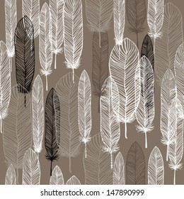 Beige seamless pattern with hand-drawn white feathers