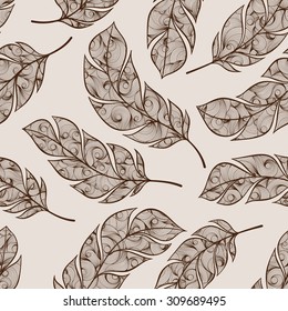 Beige seamless pattern with hand-drawn white feathers