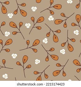 Beige seamless pattern with leaves, flowers, and floral elements. Autumn pattern design. Good for printing. Vector textile and wallpaper.