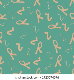 Patrón ininterrumpido beige con la letra R sobre un fondo verde. Estilo minimalista. Fondo de tela, papel pintado, ropa de cama. Ilustración vectorial.
