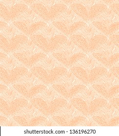 Beige seamless pattern with linear hearts. Decorative netting texture. Abstract lace background