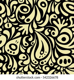 Beige seamless pattern on a black background. Vector illustration. Good for greeting card for birthday, invitation or banner. Decorative symmetry arabesque. Medieval floral royal pattern.