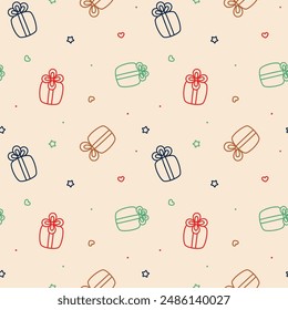 Patrón sin costuras beige con cajas de regalo de contorno. Cajas de regalo con arcos. Caricatura, Vector. Ilustración vectorial aislada eps 10