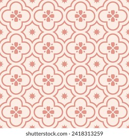 Beige seamless pattern with pink flowers and stars. Moroccan tiles print.