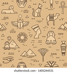 Beige seamless pattern of symbols, landmarks, and signs of Egypt from icons in a linear style.