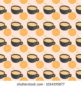 Beige seamless pattern with tea and lemon.