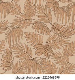 Patrón ininterrumpido beige de monastera tropical y hojas de palma. Ilustración vectorial moderna gráfica.