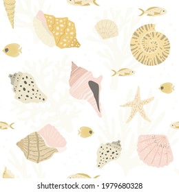 Beige seamless pattern with various seashells and fishes. Great for fabric, textile. Vector Illustration