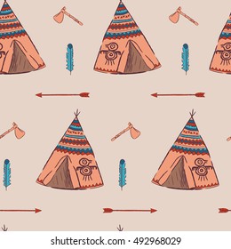 Beige seamless pattern wigwam. Hand drawn illustrations wigwam with decorative elements and a set of arrows, feather and tomahawk. Authentic tepee for design card. North American Indian wigwam