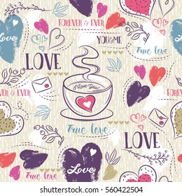 Beige seamless patterned background with cup of coffee, red and blue valentine heart and wishes text,  vector illustration. Ideal for printing onto fabric and paper or scrap booking.