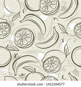 Padrões lisos bege com bananas, laranjas e limões no fundo grunge. Ideal para impressão em tecido e papel ou reserva de sucata, vetor.