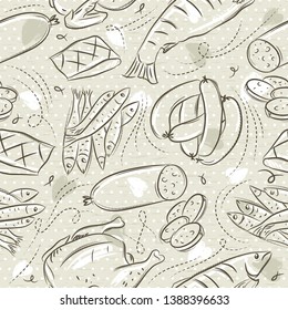 Beige seamless patterns with chick, fish, salami and sausage on grunge blackboard. Ideal for printing onto fabric and paper or scrap booking.