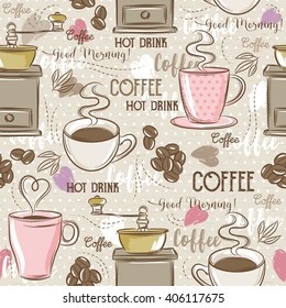 Beige seamless patterns with coffee set,cup, heart, coffee mill and text. Ideal for printing onto fabric and paper or scrap booking.
