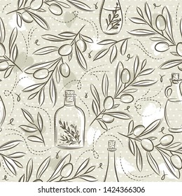 Beige Seamless Patterns with olive plant and bottle on grunge background. Ideal for printing onto fabric and paper or scrap booking, vector