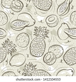Beige Seamless Patterns with papaya, coconut and pineapple on grunge background. Ideal for printing onto fabric and paper or scrap booking, vector.