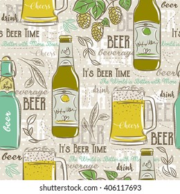 Beige seamless patterns with set of beer bottle, mug, hop and text.
Ideal for printing onto fabric and paper or scrap booking.
