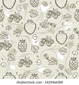 Beige Seamless Patterns with strawberry, blackberry, blueberry and raspberry on grunge background. Ideal for printing onto fabric and 
paper or scrap booking, vector