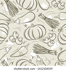 Beige Seamless Patterns with vegetable, pepper, eggplant and pumpkin. Ideal for printing onto fabric and paper or scrap booking, vector