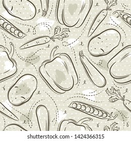 Beige Seamless Patterns with vegetables, potato, pepper, carrot on grunge background. Ideal for printing onto fabric and paper or scrap booking, vector