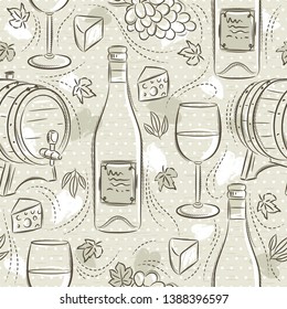 Beige seamless patterns with white wine set, cask, glass, grapes and cheese. Ideal for printing onto fabric and paper or scrap booking.