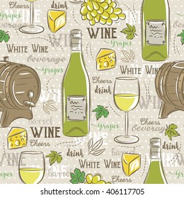 Beige seamless patterns with white wine set, cask, glass, grapes, cheese and text.
Ideal for printing onto fabric and paper or scrap booking.