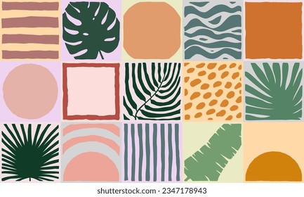 Beige seamless tiled pattern. Hand-drawn exotic plant, tropical leaves, waves, stripes, sun, dots background decor. Vector boho green jungle illustration for interior, summer beach fabric, prints set