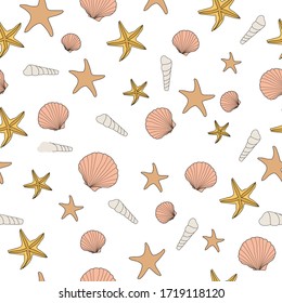 Beige seashells on a white background. Summer theme. Seamless print for wrapping paper, fabric, cards.