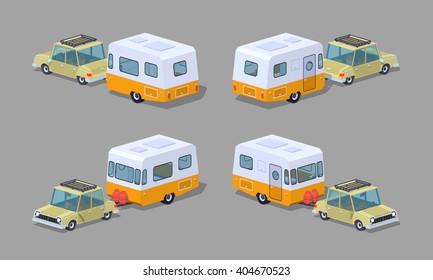 Beige sedan with orange-white camper. 3D lowpoly isometric vector illustration. The set of objects isolated against the grey background and shown from different sides