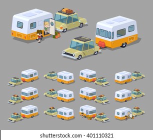 Beige sedan with orange-white RV camper. 3D lowpoly isometric vector illustration. The set of objects isolated against the grey background and shown from different sides