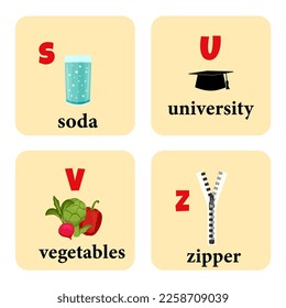 Beige set with items for language learning. English. Vector stock illustration. Soda, university, vegetables, zipper on jeans.