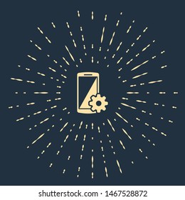 Beige Setting on smartphone icon isolated on dark blue background. Mobile phone and gear. Adjusting, service, setting, maintenance, repair, fixing. Abstract circle random dots. Vector Illustration