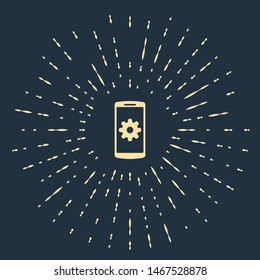 Beige Setting on smartphone icon isolated on dark blue background. Mobile phone and gear. Adjusting, service, setting, maintenance, repair, fixing. Abstract circle random dots. Vector Illustration