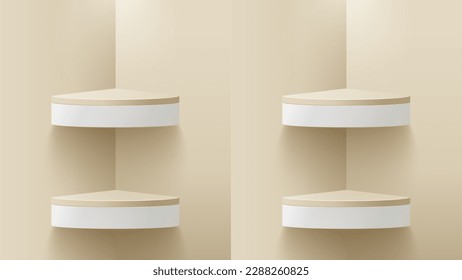 Beige shelfs for product display presentation with natural light on green background. Shelves to show product suitable for advertising