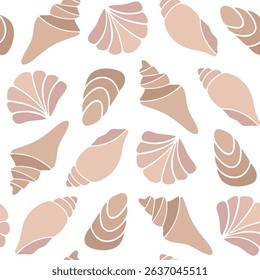 Beige shell silhouettes Seamless pattern. Ocean exotic tropical seashells Background. Great for textile print, wrapping paper, vacation decor, packaging, summer themed design, beach product