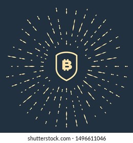 Beige Shield with bitcoin icon isolated on dark blue background. Cryptocurrency mining, blockchain technology, security, protect, digital money. Abstract circle random dots. Vector Illustration