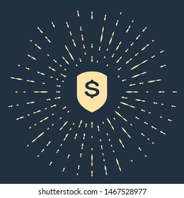 Beige Shield and dollar icon isolated on dark blue background. Security shield protection. Money security concept. Abstract circle random dots. Vector Illustration