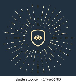 Beige Shield and eye icon isolated on dark blue background. Security, safety, protection, privacy concept. Abstract circle random dots. Vector Illustration