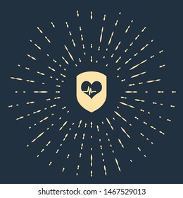 Beige Shield and heart rate icon isolated on dark blue background. Health protection concept. Health care. Abstract circle random dots. Vector Illustration