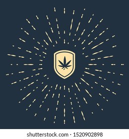 Beige Shield and marijuana or cannabis leaf icon isolated on dark blue background. Marijuana legalization. Hemp symbol. Abstract circle random dots. Vector Illustration