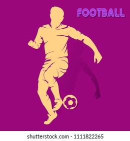 Beige silhouette of an athlete football player playing with a ball, on a purple background, vector
