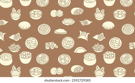 Beige silhouette pattern of Middle Eastern cuisine on a brown background