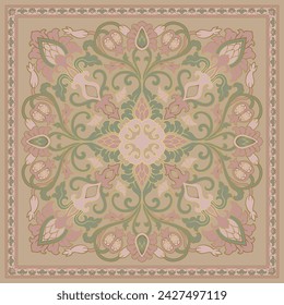 Beige silk neck scarf with a flowers and golden contour. Vector design for a neckerchief, carpet, kerchief, bandanna, shawl, tablecloth. Traditional ethnic pattern.