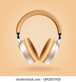 audífonos beige y plateado aislados en fondo beige, vector realista. Afiche de club con auriculares, volante de baile, evento dj, portada de álbum de música, ilustración vectorial.