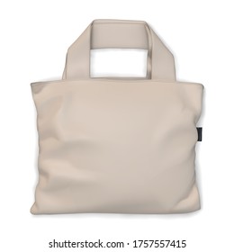 Beige simple eco bag top view. Vector 3d illustration isolated on white background. Mock up for print presentation.