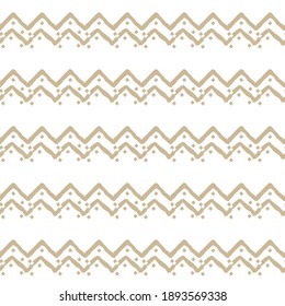 Beige simple horizontal Seamless repeat border pattern with random jagged color-filled and empty squares and part of triangles or broken line shapes on white background